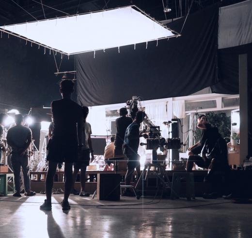 Filming on a sound stage. 