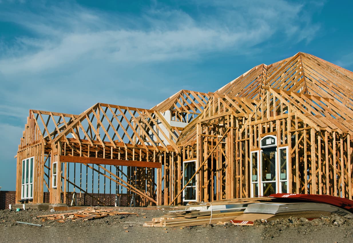 Structure of luxury home under construction. 